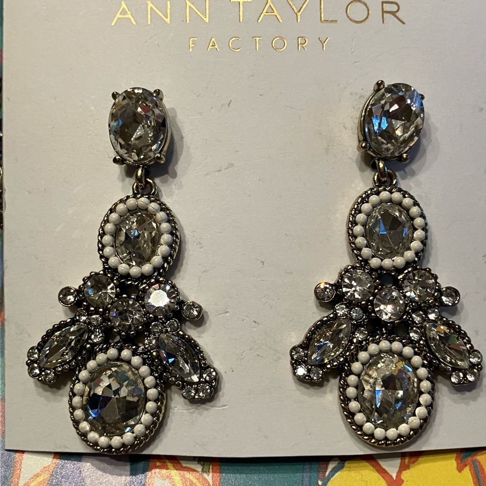 Ann Taylor Silver and White Crystal Drop Earrings and Three Matching Bangles - Picture 7 of 10